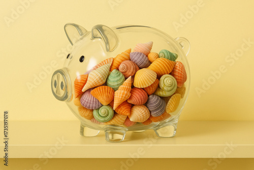 Wallpaper Mural Colorful seashells fill transparent piggy bank, creating playful and vibrant display against soft yellow background. This charming composition adds whimsical touch to any decor Torontodigital.ca