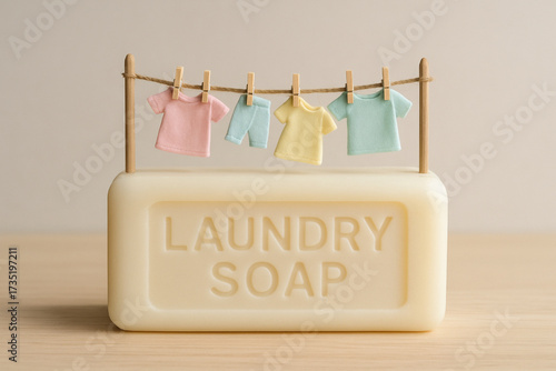 Wallpaper Mural Soap bar with words LAUNDRY SOAP displayed prominently, featuring clothesline with miniature pastel colored shirts hanging from it. This charming composition evokes sense of cleanliness Torontodigital.ca