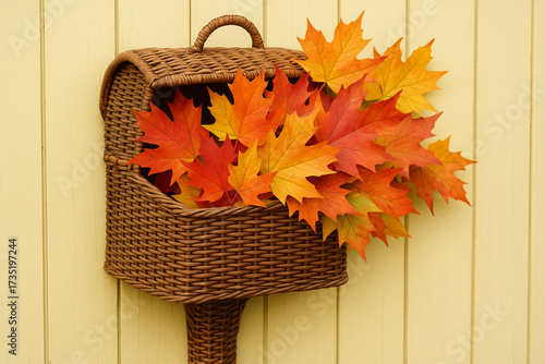 Wallpaper Mural Wicker mailbox overflowing with vibrant autumn leaves, showcasing shades of orange and yellow against soft yellow background, evokes warm, seasonal feeling Torontodigital.ca