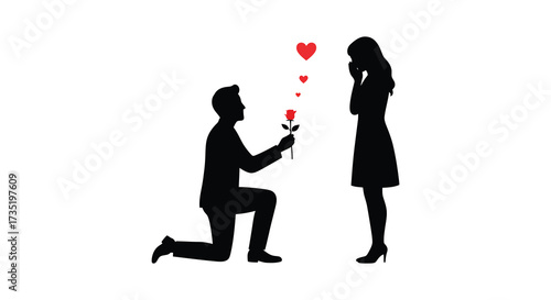 A man proposing to a woman with hearts floating a romantic silhouette