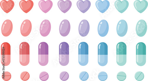 Various colorful pills and hearts for medical healthcare use editable