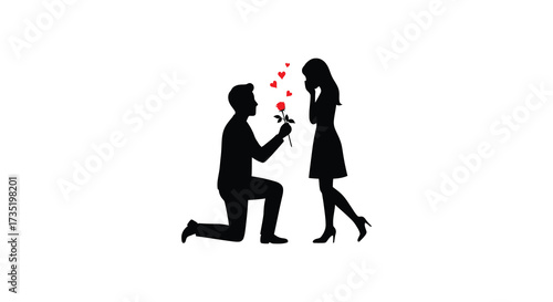 a romantic proposal scene with a kneeling man and a woman silhouette