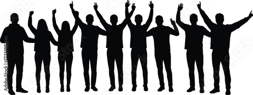 Silhouette group of people celebrating success, raising hands together, team unity, friendship, teamwork, happiness, business community, cooperation, leadership, motivation