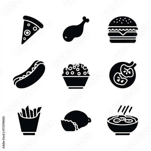 Diverse Fast Food Icons Collection Representing Popular Meal Choices and Culinary Options for Food Illustrations