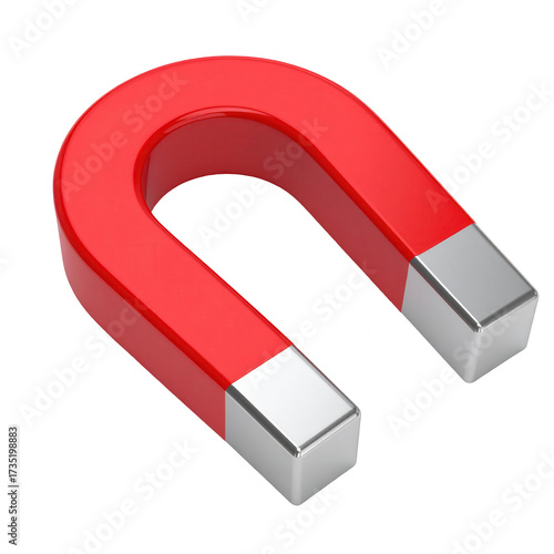 A vibrant,  illustration showcases a red horseshoe-shaped object with metallic silver ends, set against a stark black background, highlighting its glossy surface and smooth curvature.