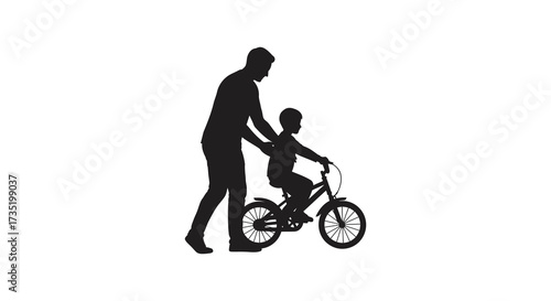 Father helping son learn to ride a bicycle simple silhouette