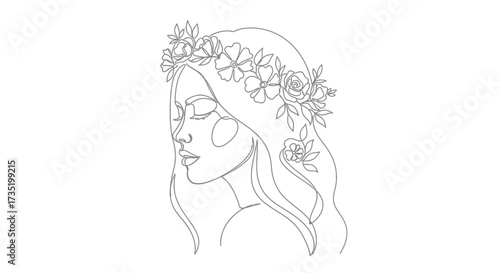 Elegant line art portrait of a woman with flower crown for minimalist design theme