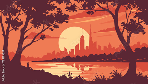 Minneapolis skyline in sunset hues suitable for citythemed designs. Ideal for travel brochures, cityscape posters, and urbanthemed websites.