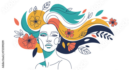 Elegant line art illustration of a woman with floral hair and abstract shapes showcasing natural