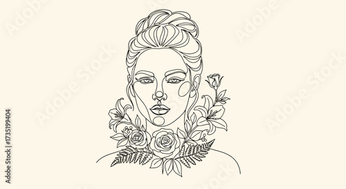 Elegant floral woman portrait illustration in black outline style showing beauty and femininity