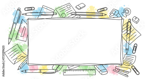 Watercolor stationery border illustration with pens pencils and office supply accents provides
