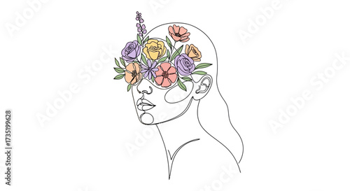 Minimalist line art of a woman with flowers covering her eyes creates a serene and dreamy visual