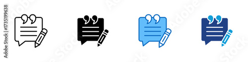 Feedback Note Multiple Style Icon Design Vector - Speech bubble with quotation marks and pencil, symbolizing feedback, testimonial, and written review