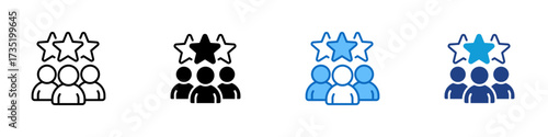 Team Rating Multiple Style Icon Design Vector - Group of people with stars above, symbolizing teamwork, rating, and collective success