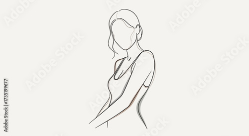 Elegant minimalist line art depicting a faceless woman in a simple tank top posing gracefully