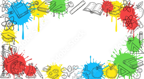 Colorful educational background with drawing elements and splatters for creative design projects
