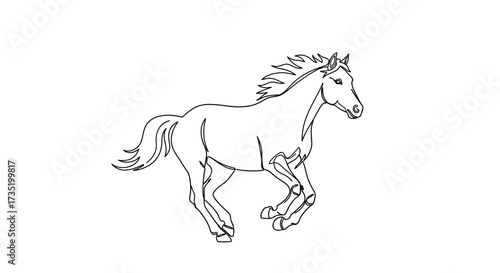 Elegant black and white line art illustration of a galloping horse on white background