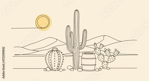 Minimalist desert landscape with cacti, dunes, and a sun in a line art style illustration