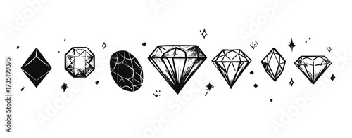Elegant Hand Drawn Diamond Illustration Gems Jewels Luxury Design Elements Black and White