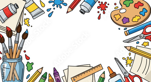 Cartoon illustration featuring art supplies arranged around a blank white space ideal for school