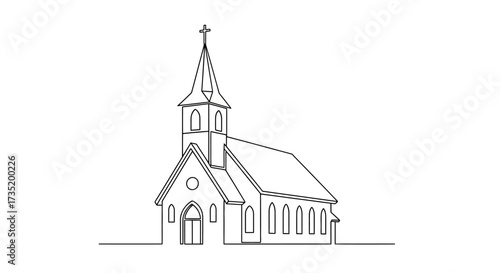 Minimalist church outline drawing with steeple and cross for faith symbolism illustration