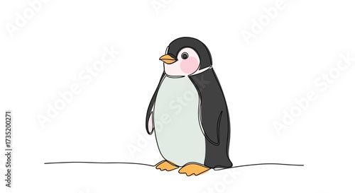 Stylized cartoon penguin standing on snow, charming and adorable animal illustration isolated on