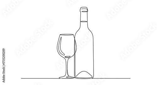 Elegant minimalistic line art illustration of a wine bottle and glass depiction style drawing