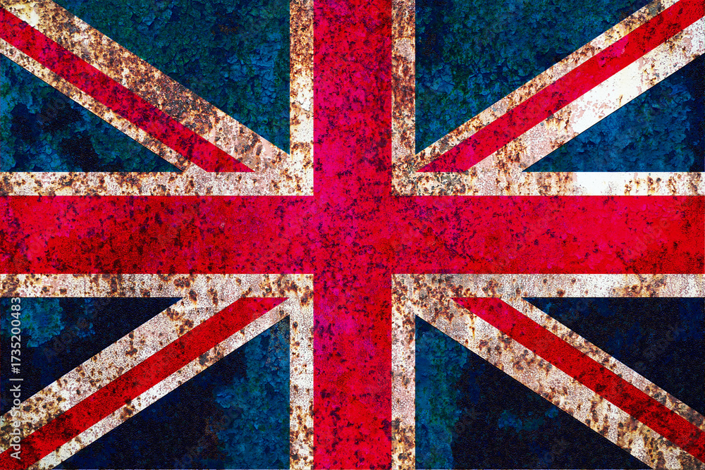 Fototapeta premium A textured depiction of the Union Jack, the flag of the United Kingdom, presents a weathered and aged aesthetic, evoking a sense of history and resilience, using vibrant hues of red,
