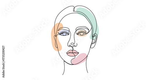 Elegant portrait of a woman in continuous line art with pastel color accents minimalist drawing