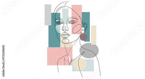 Elegant single line drawing of a woman's face with geometric color blocks creating a modern
