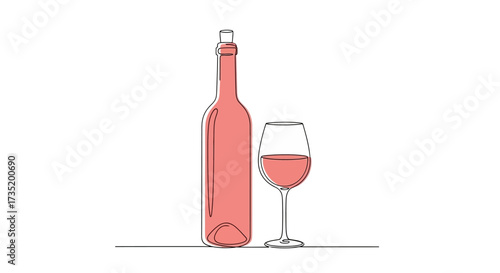 Minimalist rose wine bottle and glass illustration isolated on white background artistic line