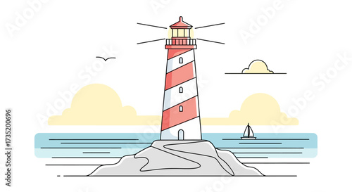 Minimalist lighthouse vector illustration with sea waves sailboat and birds on a bright day great