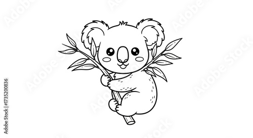 Adorable koala bear clinging to a eucalyptus branch, a charming black and white line drawing for