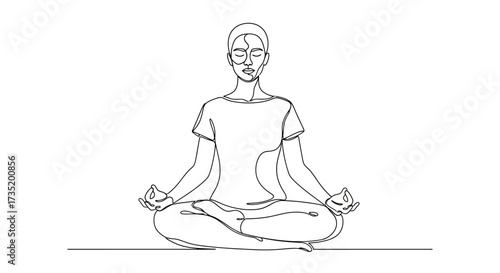 Continuous line art of a woman in lotus position for mindfulness and meditation practice concept