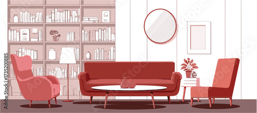 Elegant Living Room with Red Furniture a Cozy Reading Nook and Bookshelf Filled with Literature