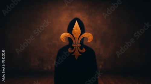A mysterious figure in a dark hoodie stands against a textured background, featuring an ornate fleur-de-lis symbol prominently displayed.