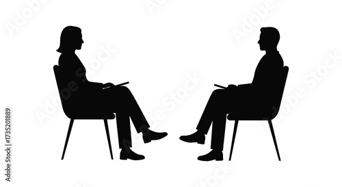 Two people in chairs facing each other a striking black silhouette