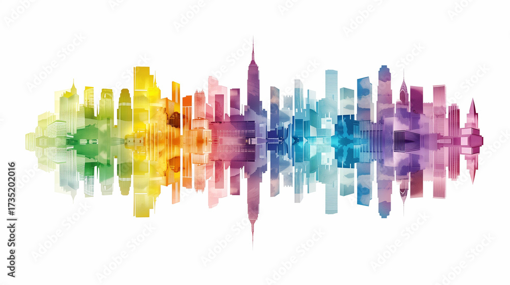 Obraz premium Vibrant rainbow watercolor illustration of urban city skyline on white background
