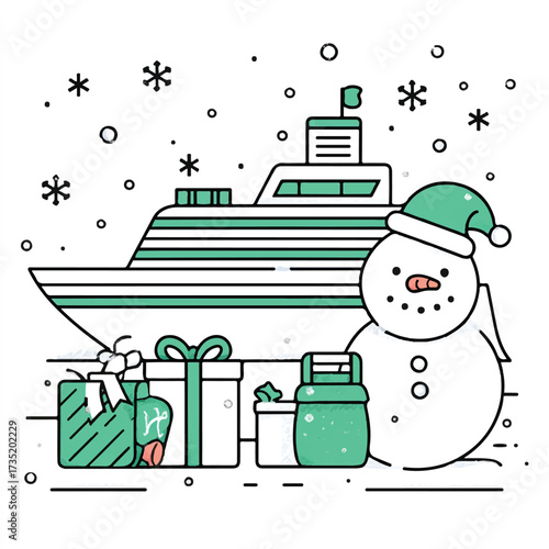 Festive Christmas Cruise Ship with Snowman and Presents Holiday Season Illustration