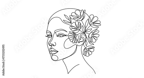 Elegant line art portrait of a woman adorned with delicate floral elements drawing