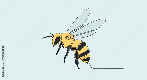 Elegant stylized honeybee illustration with minimalist line art design on soft blue background
