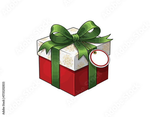 Festive gift box illustration featuring a red base, a white top adorned with gold snowflake accents, and a vibrant green bow