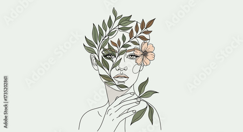Elegant woman portrait adorned with natural elements, a captivating fusion of nature and beauty in