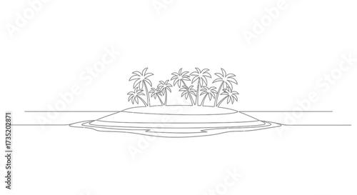 Line art illustration depicting a tropical island paradise with palm trees and ocean views perfect