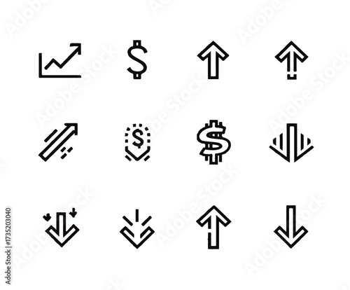 Financial growth and decline minimalist icons set for business and economic trends illustration