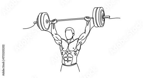Muscular man lifting heavy barbell weight training exercising line art vector design