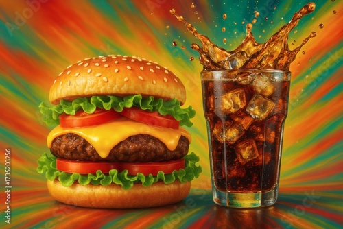 Burger with lettuce tomato and cheese next to a glass of cola with ice cubes