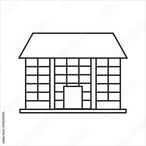 uilding icon isolated on white background, Building icon in line black flat house, office, bank, hotel, shop, university, city, hospital symbols.