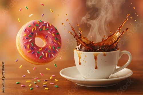 Donut with sprinkles and a cup of coffee splashing on a wooden surface