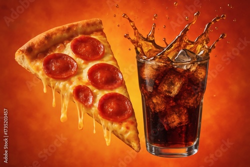 Slice of pepperoni pizza with a splashing glass of cola on orange background
